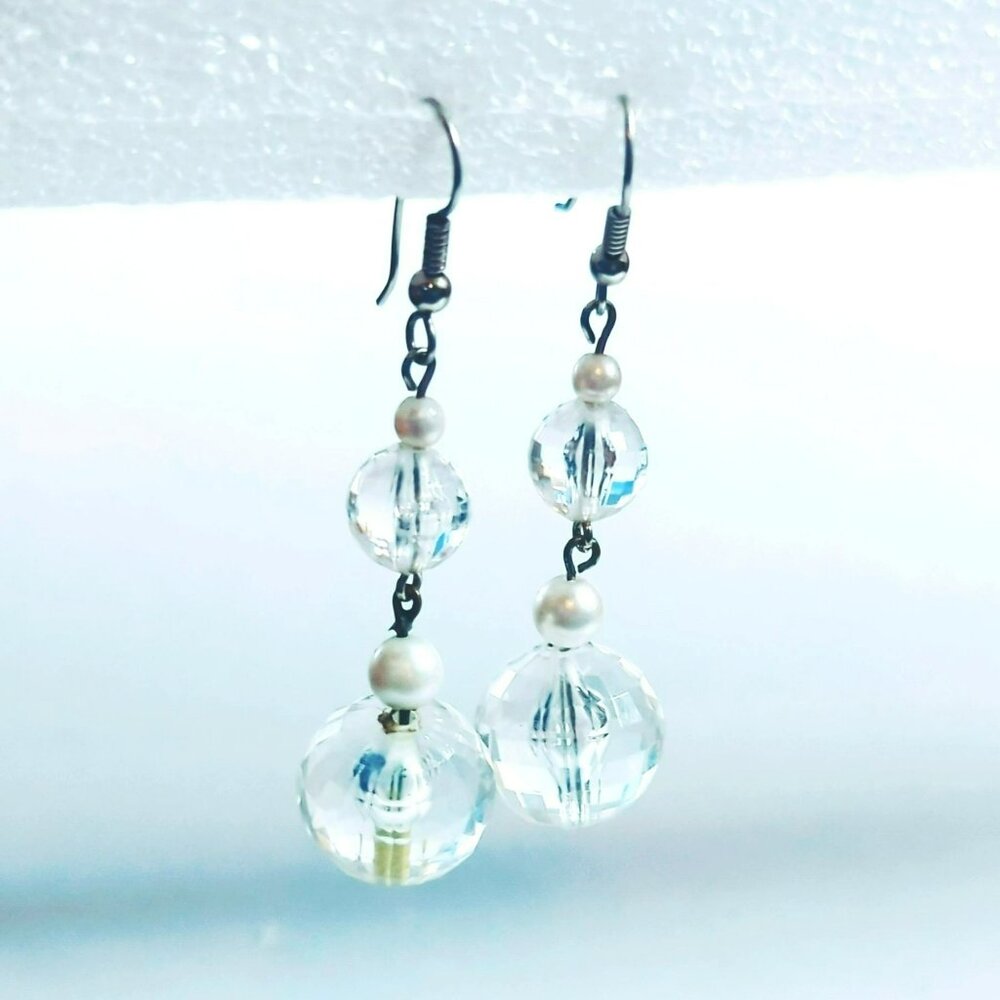 Vintage Clear Crystal Ball Faux Pearl Dangle Hook Earrings